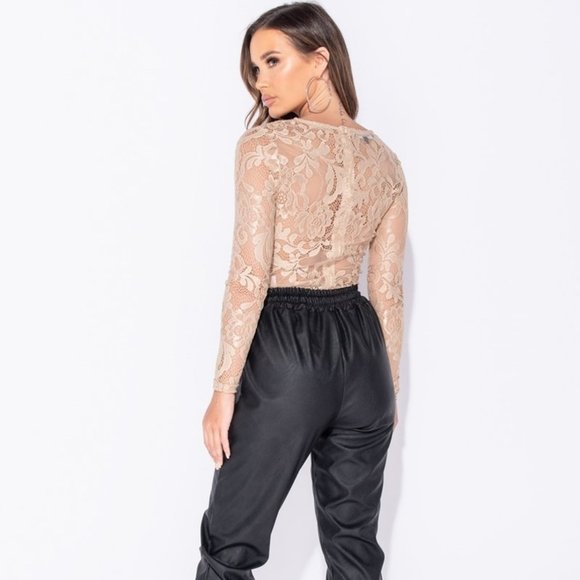 LAST 1! Nude Lace Long Sleeve V-Neck Bodysuit Top - Picture 10 of 15